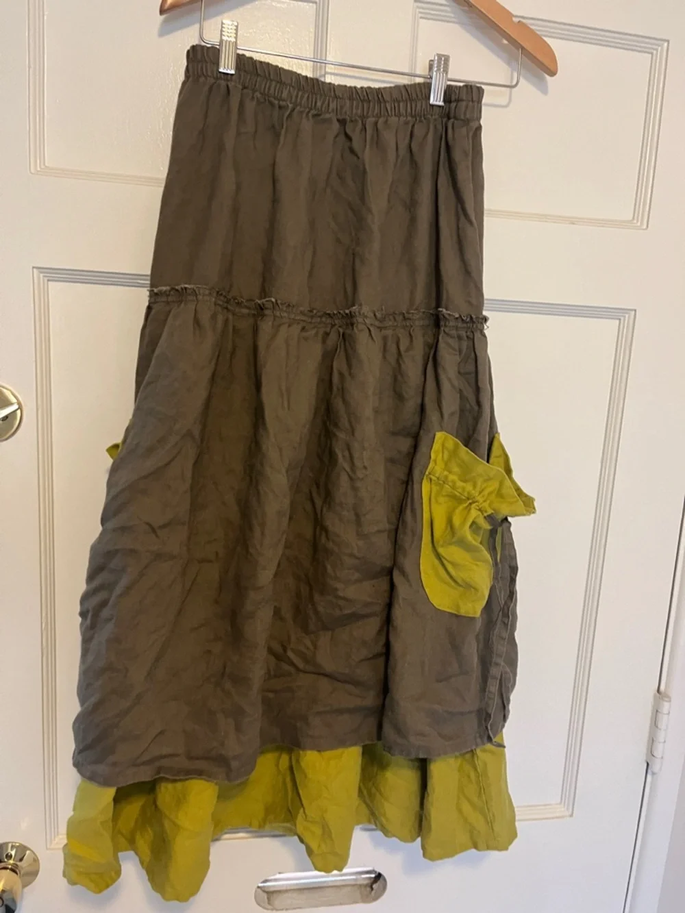 Festival/ witchy/ goth Linen Skirt in Olive and Chartreuse -like new - Picture 2 of 3